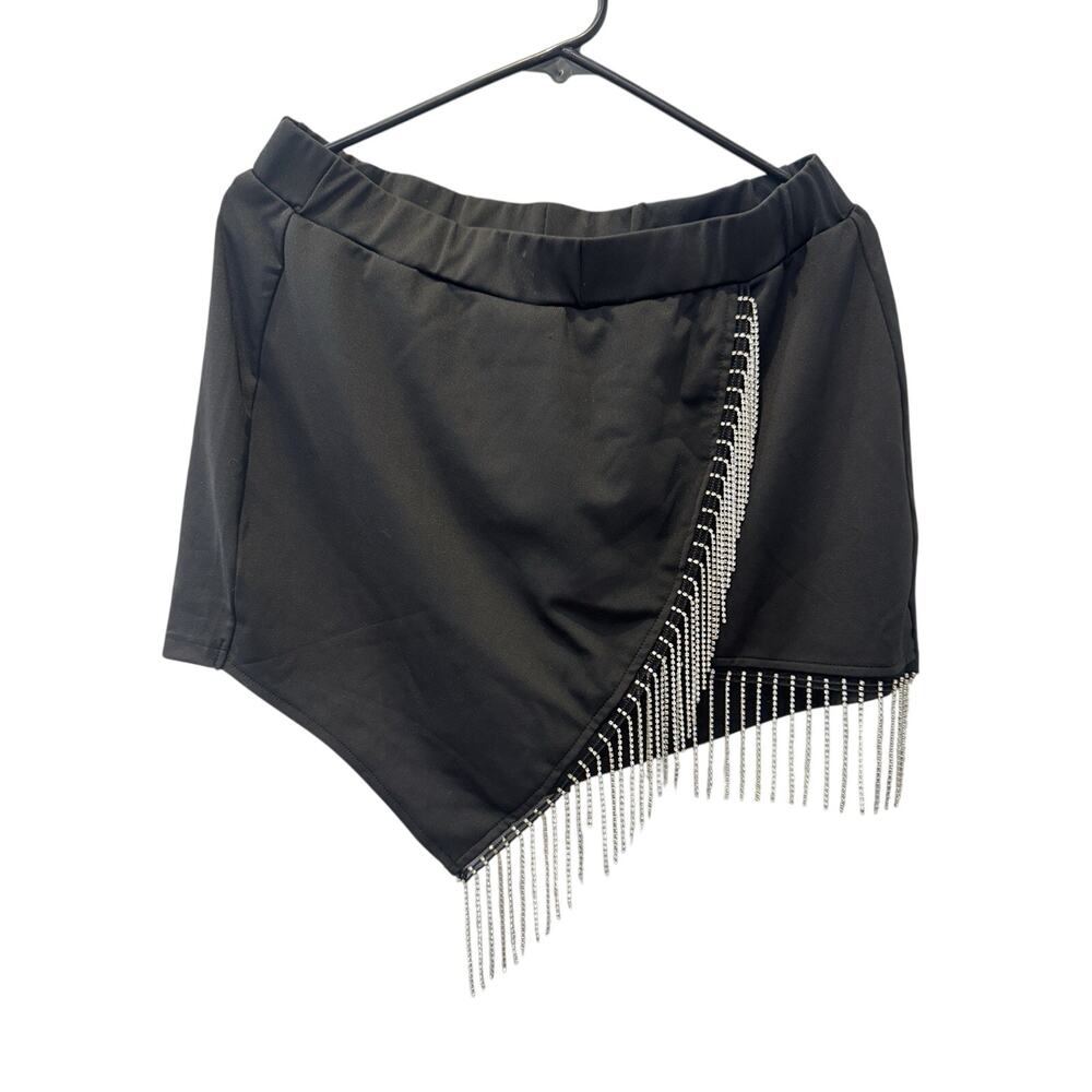 SHEIN Curve Skort 0XL Black Asym Wrap Mini Skirt Shorts Rhinestone Fringe NWOT